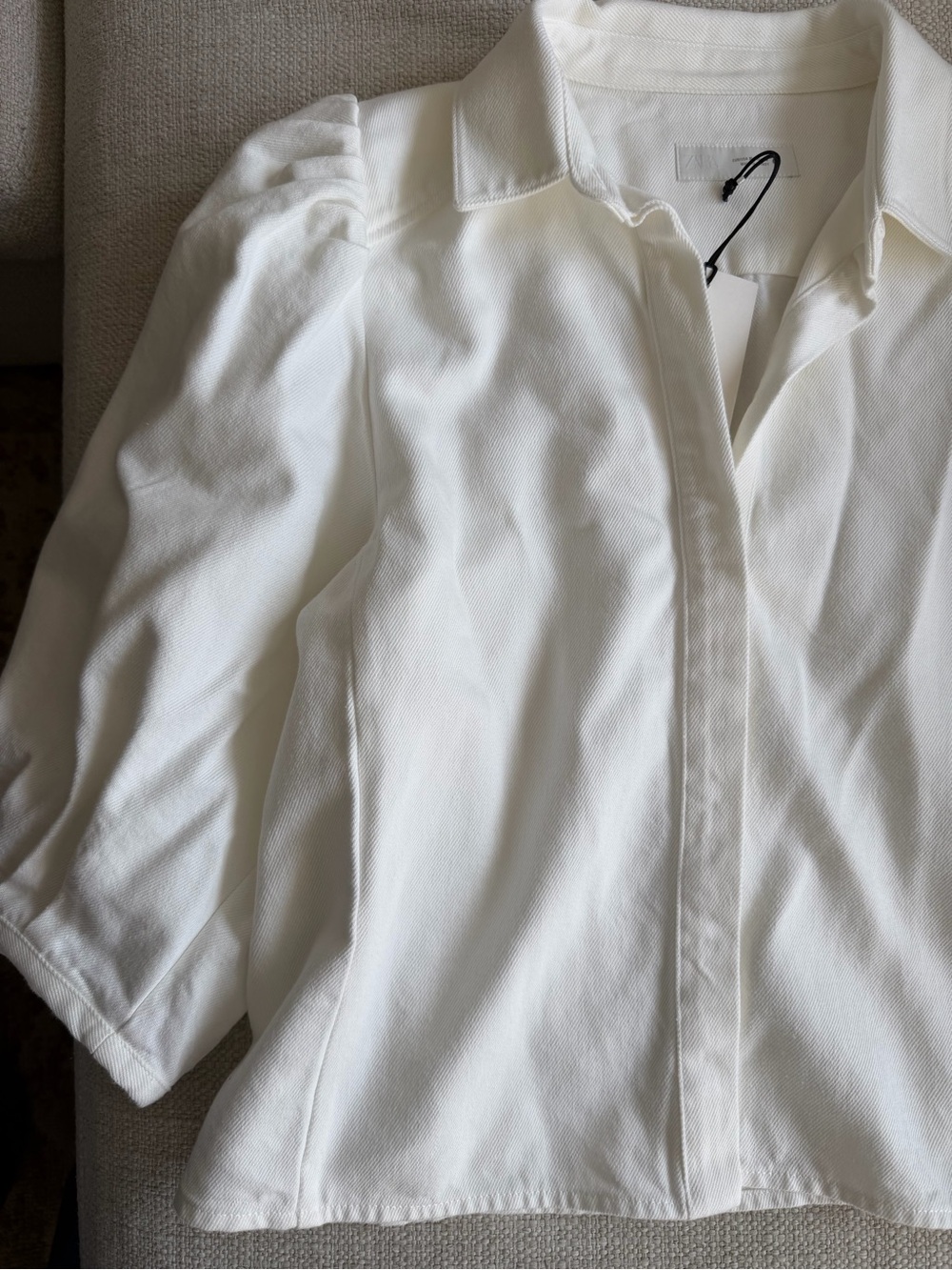 Zara ZW Collection White Denim Puff-Sleeve Button-Front Top - Picture 4 of 8